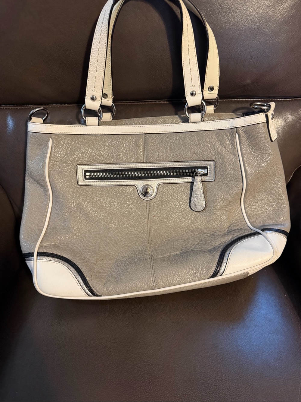 Coach Taupe and White Leather Shoulder Bag with Black Trim